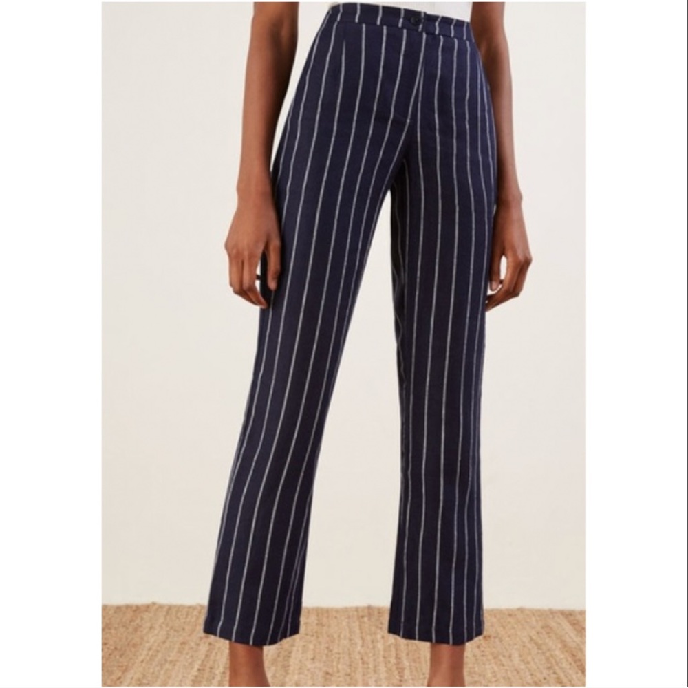Reformation Verano 100% Linen Pant in Navy Pinstripe